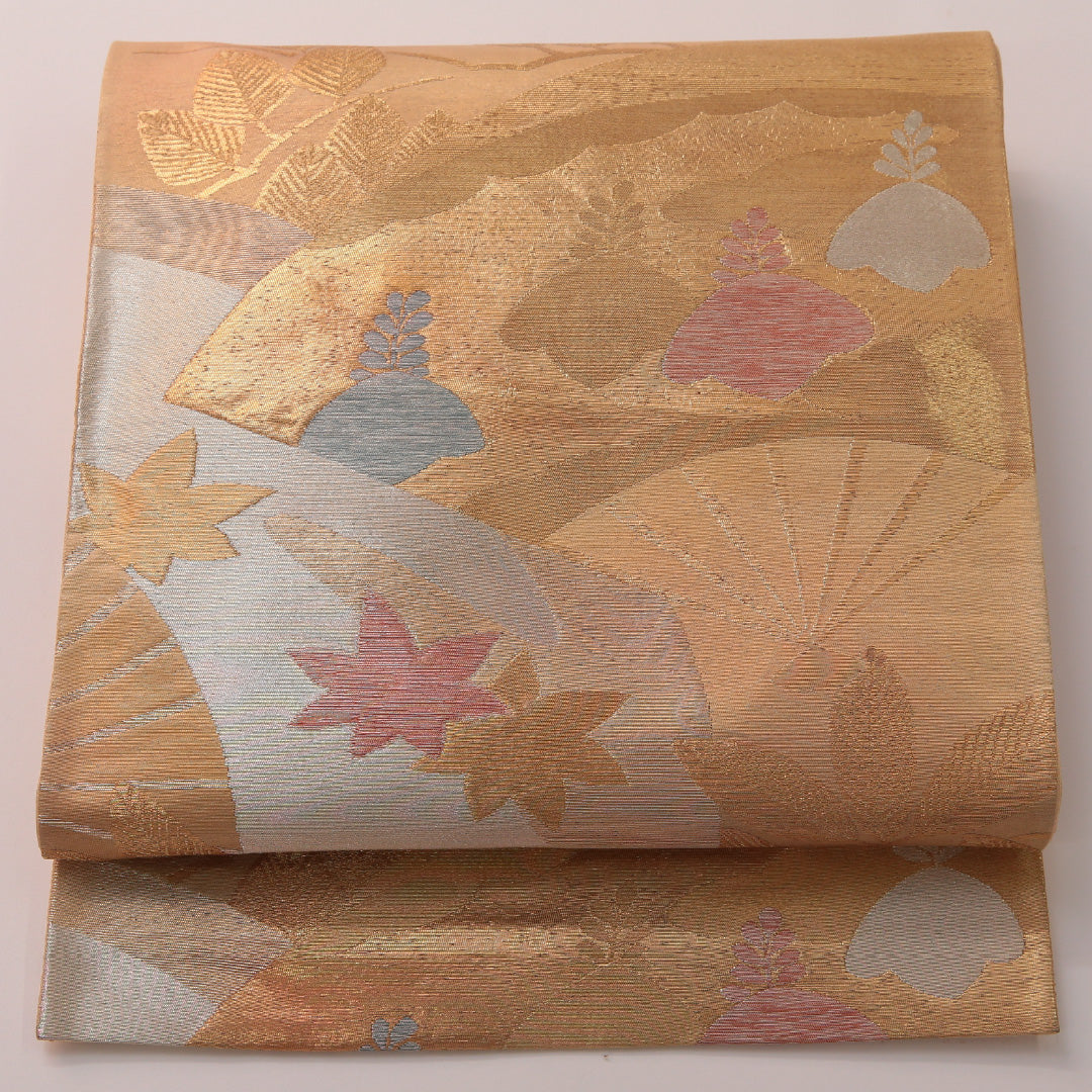 袋帯 帯丈408cm フォーマル 六通 Cランク 正絹 扇 紅葉 金系 1223-01887