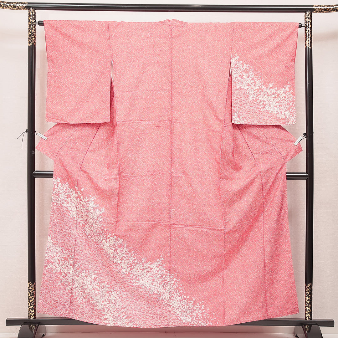 江戸小紋(大小霰) 洗える着物 袷 身丈158cm 裄丈63cm ポリエステル Sランク Mサイズ 広衿 インフォーマル 花柄 訪問着 ピンク系 1262-16904