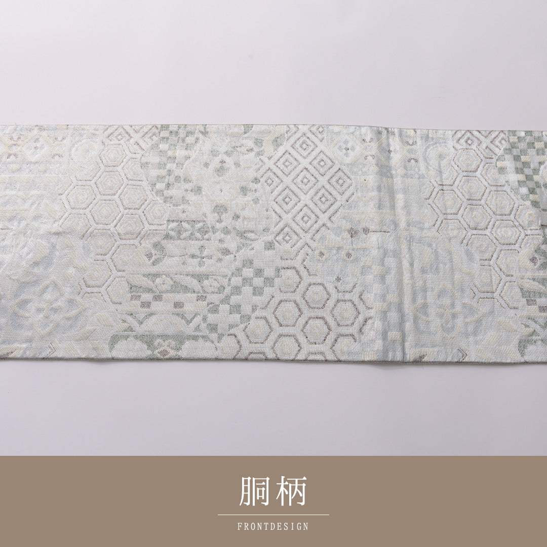 袋帯 帯丈424cm 正絹 六通 フォーマル ふくれ織 道長取り 吉祥文様 銀系 1243-01944