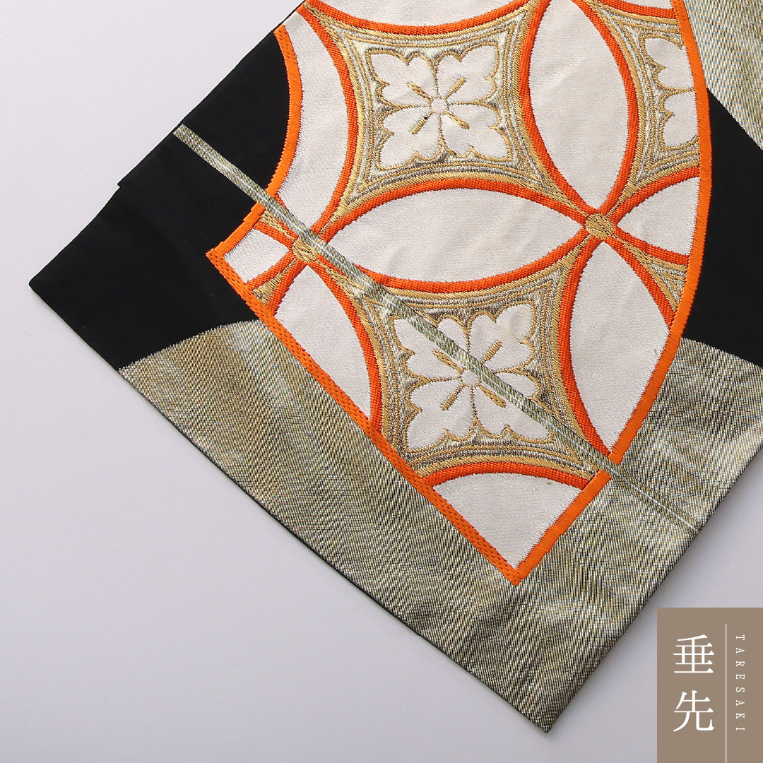 袋帯 帯丈428cm 正絹 六通 フォーマル 扇面文 七宝 吉祥文様 黒系 1243-02055