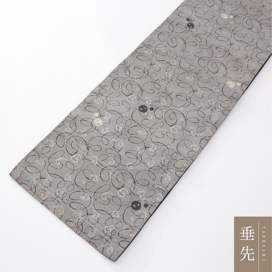 アンティーク 九寸名古屋帯 帯丈370cm 開き仕立て 六通 Aランク 正絹 創作柄 落款 グレー系 1224-04172