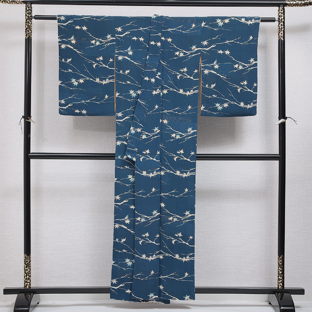 小紋 袷 身丈156cm 裄丈61cm 正絹 Cランク インフォーマル バチ衿 Mサイズ 楓 青系 LP 1221-15969