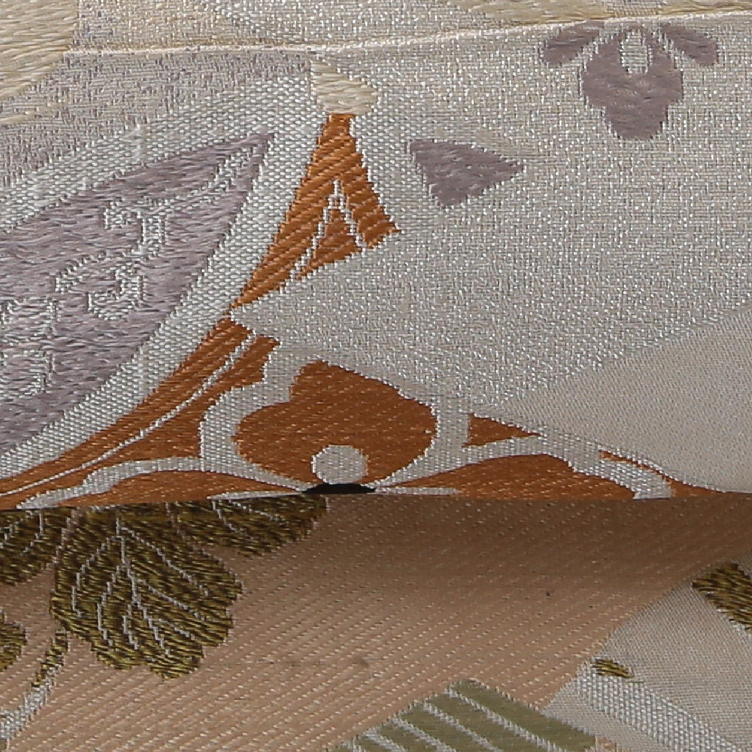 アンティーク 九寸名古屋帯 帯丈370cm 名古屋仕立て 全通 Cランク 正絹 扇 梅 クリーム系 1224-03813