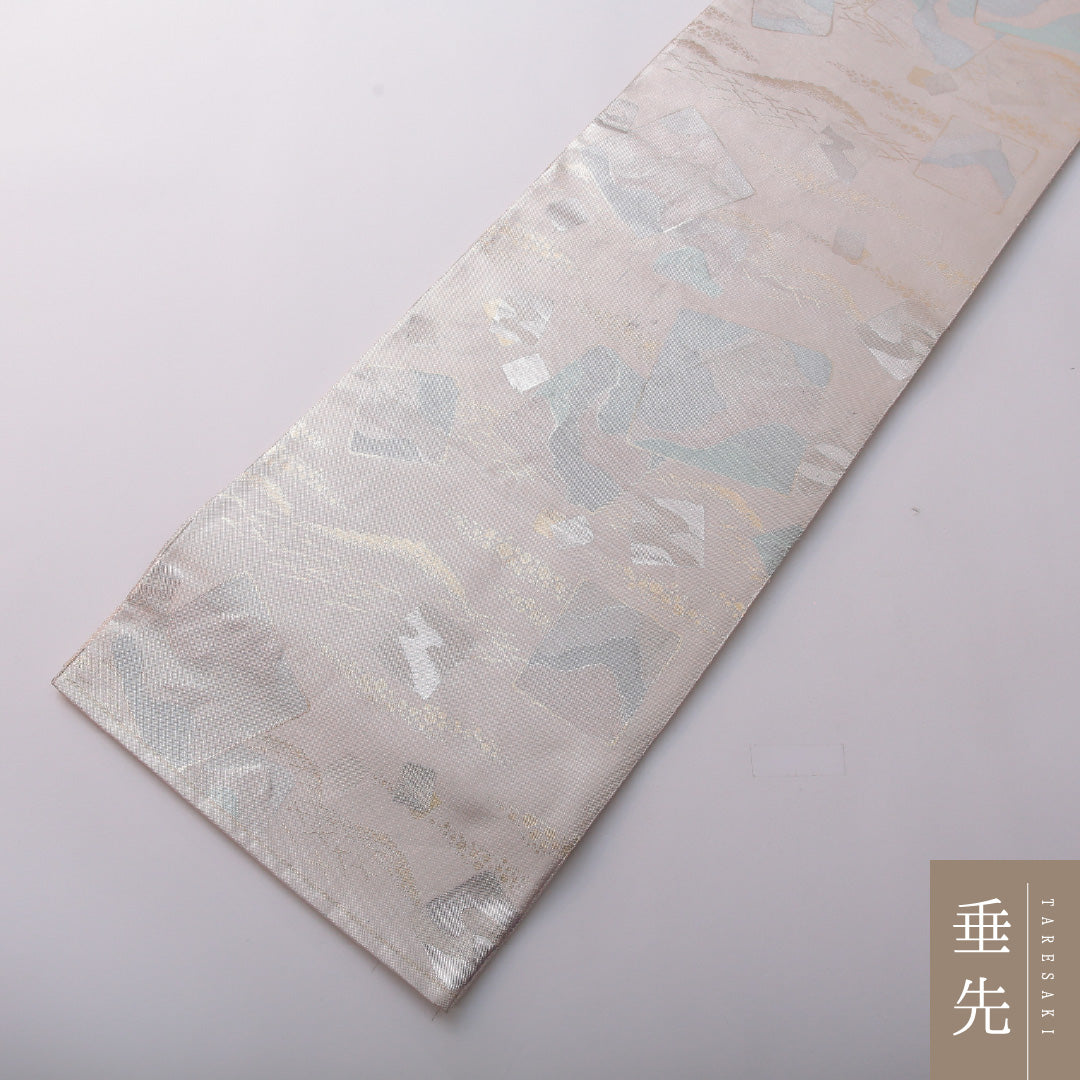 袋帯 帯丈444cm フォーマル 六通 Aランク 正絹 創作柄 銀系 ピンク系 1223-01975