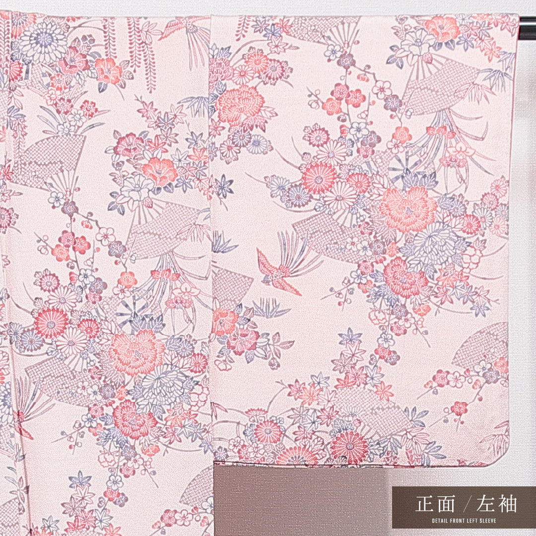 小紋 袷 身丈163cm 裄丈62cm 正絹 Sランク インフォーマル バチ衿 Lサイズ 扇 梅 ピンク系 RP 1221-15553