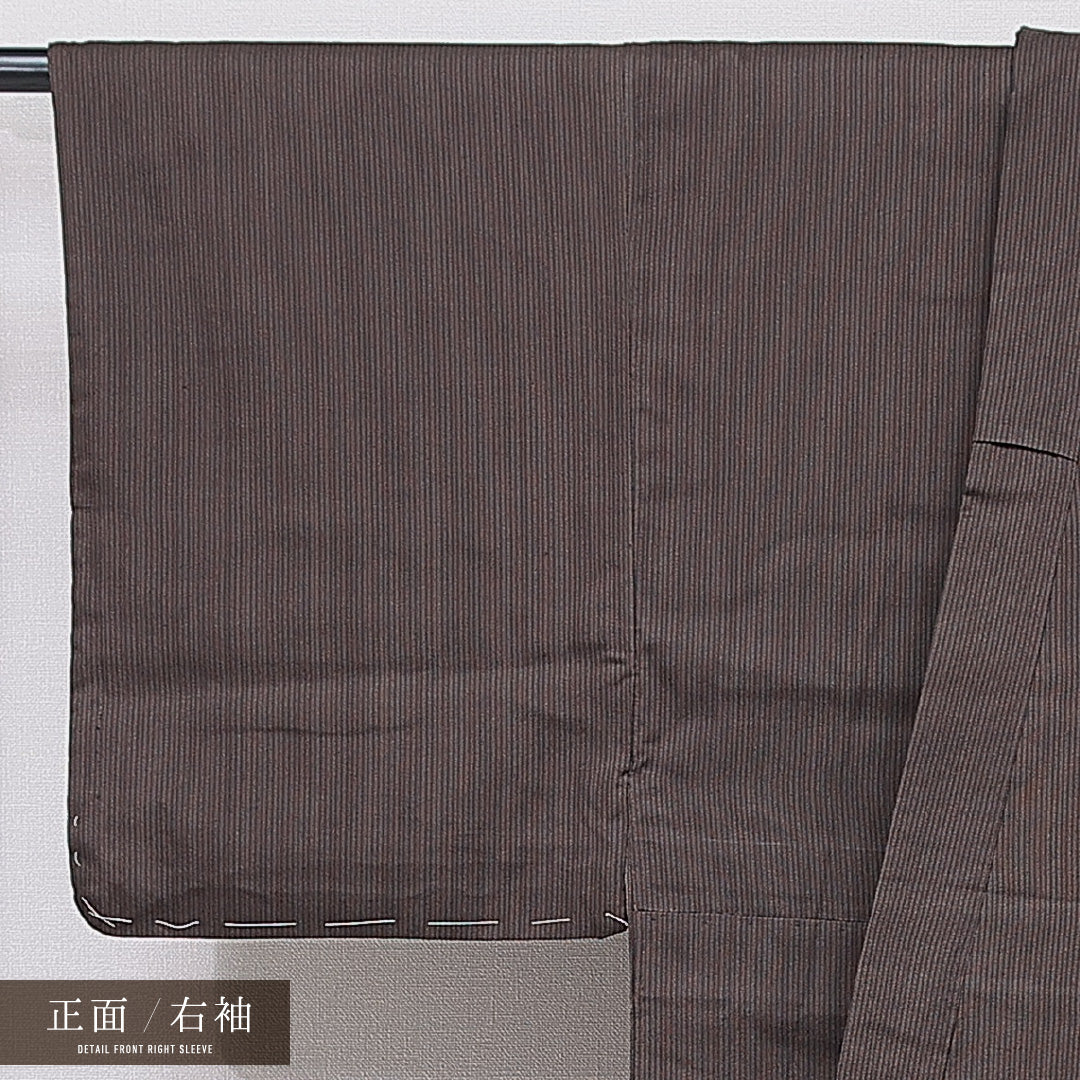 男着物 袷 身丈142cm 裄丈62cm 正絹 Sランク カジュアル 棒衿 Mサイズ 縞 茶系 M4 1224-15766