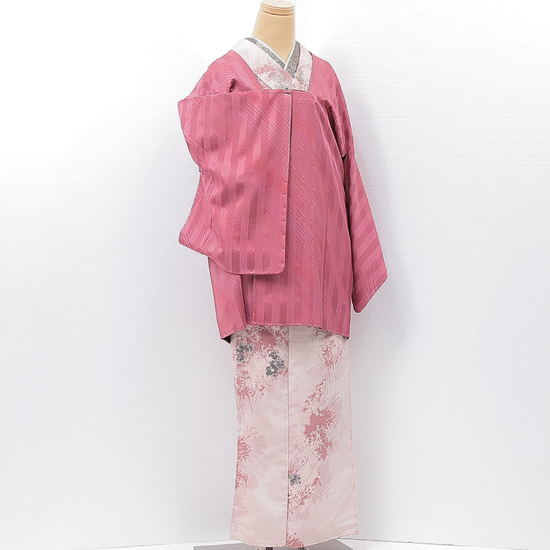 道行コート 袷 身丈83cm 裄丈65cm 正絹 Sランク Mサイズ フォーマル ポケットあり 縞 ピンク系 黒系 1263-15130