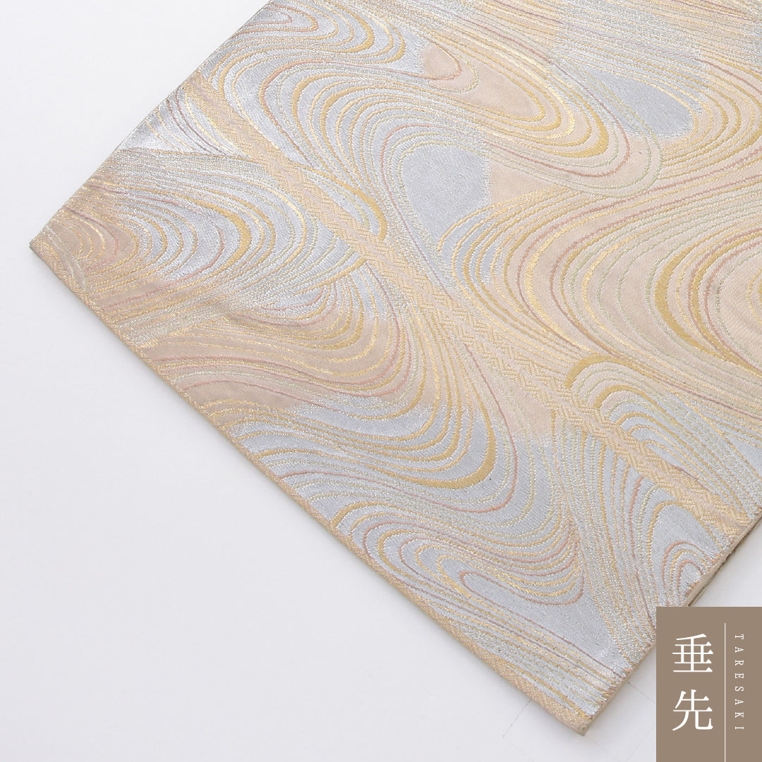 袋帯 帯丈412cm セミフォーマル 六通 Cランク 正絹 流水 ベージュ系 1223-02250