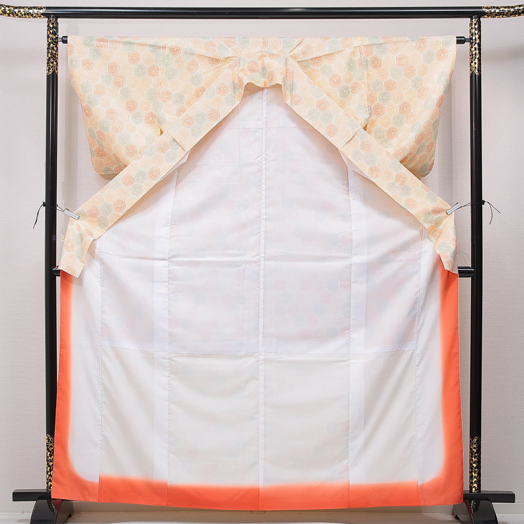 洗える着物 小紋 袷 身丈166cm 裄丈63cm ポリエステル Sランク インフォーマル 広衿 XLサイズ 亀甲 クリーム系 RP 1221-15787