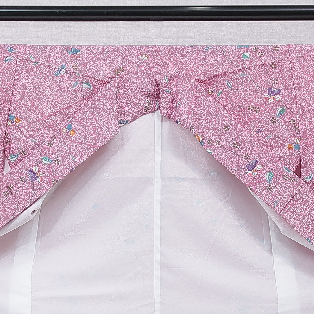 小紋 洗える着物 袷 身丈163cm 裄丈66cm ポリエステル Aランク Lサイズ 広衿 インフォーマル 桜 ピンク系 1215-15795