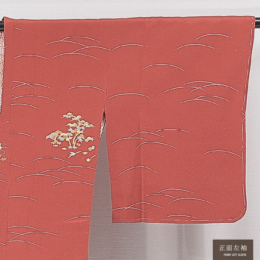 道行コート 袷 身丈87cm 裄丈65cm 正絹 Sランク Mサイズ フォーマル ポケットあり 松 赤系 朱系 1263-15129