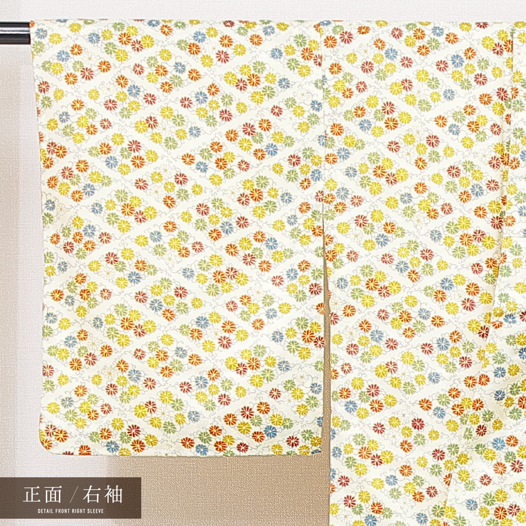 小紋 袷 身丈152cm 裄丈62cm 正絹 Sランク Sサイズ 広衿 インフォーマル 唐菊 クリーム系 1215-15104