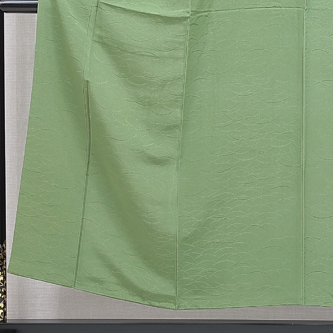 小紋 袷 身丈150cm 裄丈60cm 正絹 モンモリローナイト Sランク Sサイズ 広衿 インフォーマル ちりめん 扇 菊 緑系 1215-15906