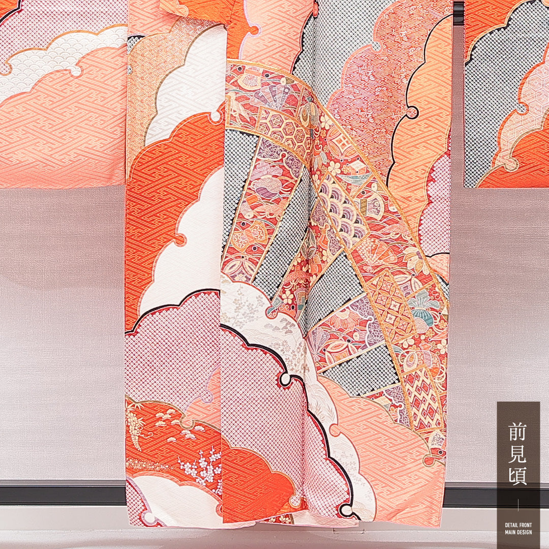 振袖 袷 身丈156cm 裄丈63cm フォーマル Bランク Mサイズ 正絹 広衿 扇 芝草 1213-F0639