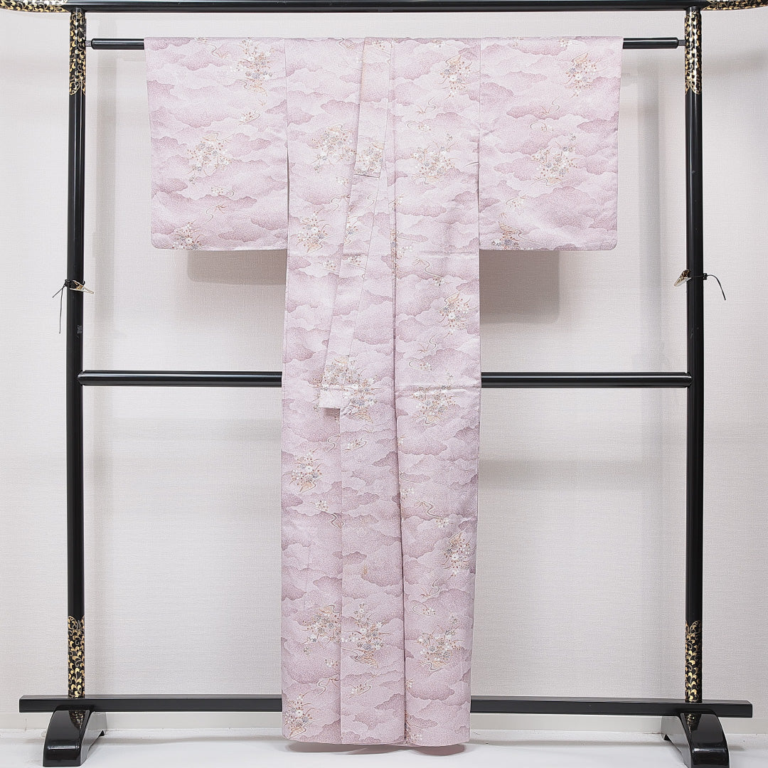 洗える着物 小紋 袷 身丈159cm 裄丈62cm ポリエステル Sランク インフォーマル バチ衿 Mサイズ 菊 紅葉 紫系 RP 1221-15829
