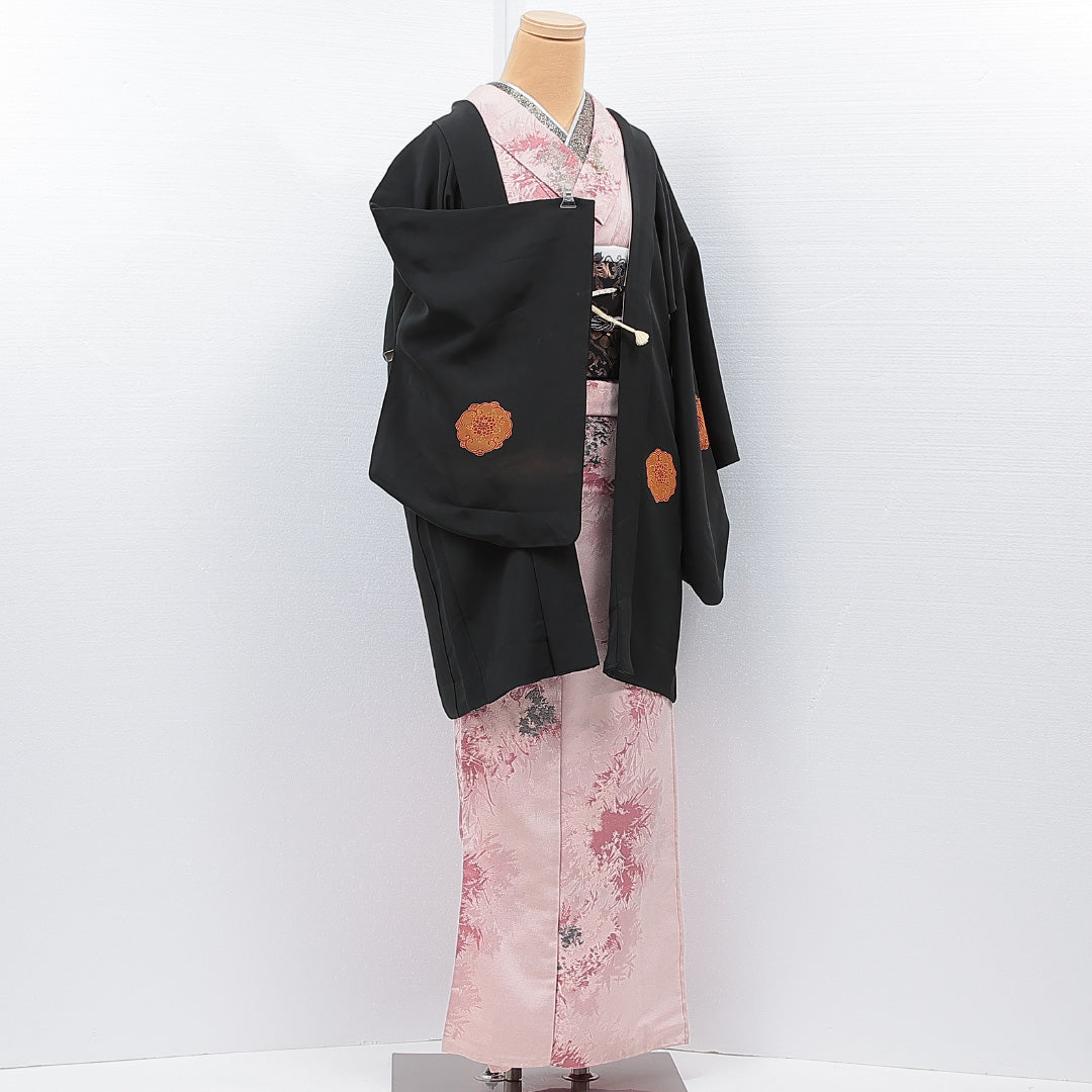 黒羽織 袷 身丈83cm 裄丈63cm 正絹 Cランク 一つ紋 (梅鉢) セミフォーマル Sサイズ ぼかし染 紐あり 鳳凰 黒系 LP 1233-15305