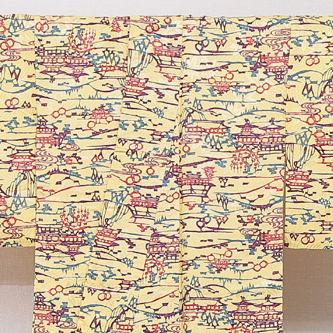 小紋 洗える着物 袷 身丈160cm 裄丈63cm ポリエステル Cランク Lサイズ 広衿 インフォーマル 楼閣 黄系 1215-15786