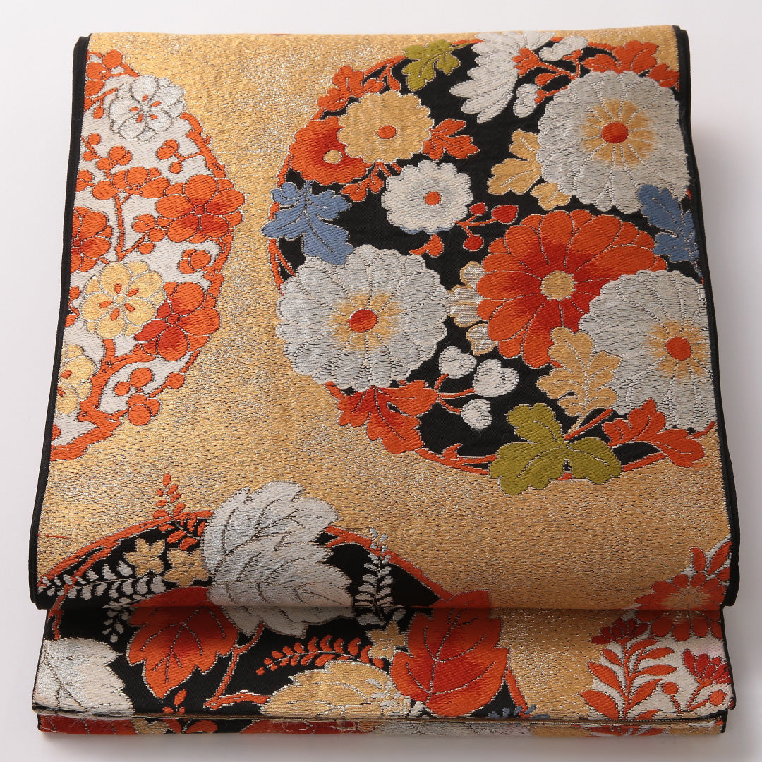 アンティーク 袋帯 帯丈400cm 六通 Bランク 正絹 菊 桐 金系 1223-01871