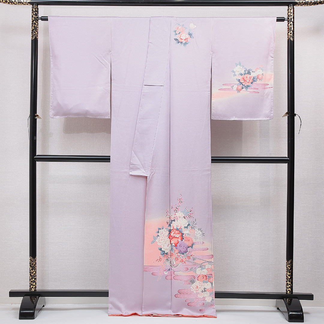 訪問着 袷 身丈167cm 裄丈61cm 正絹 Cランク セミフォーマル 広衿 XLサイズ 証紙 牡丹 紫系 LP 1217-15522