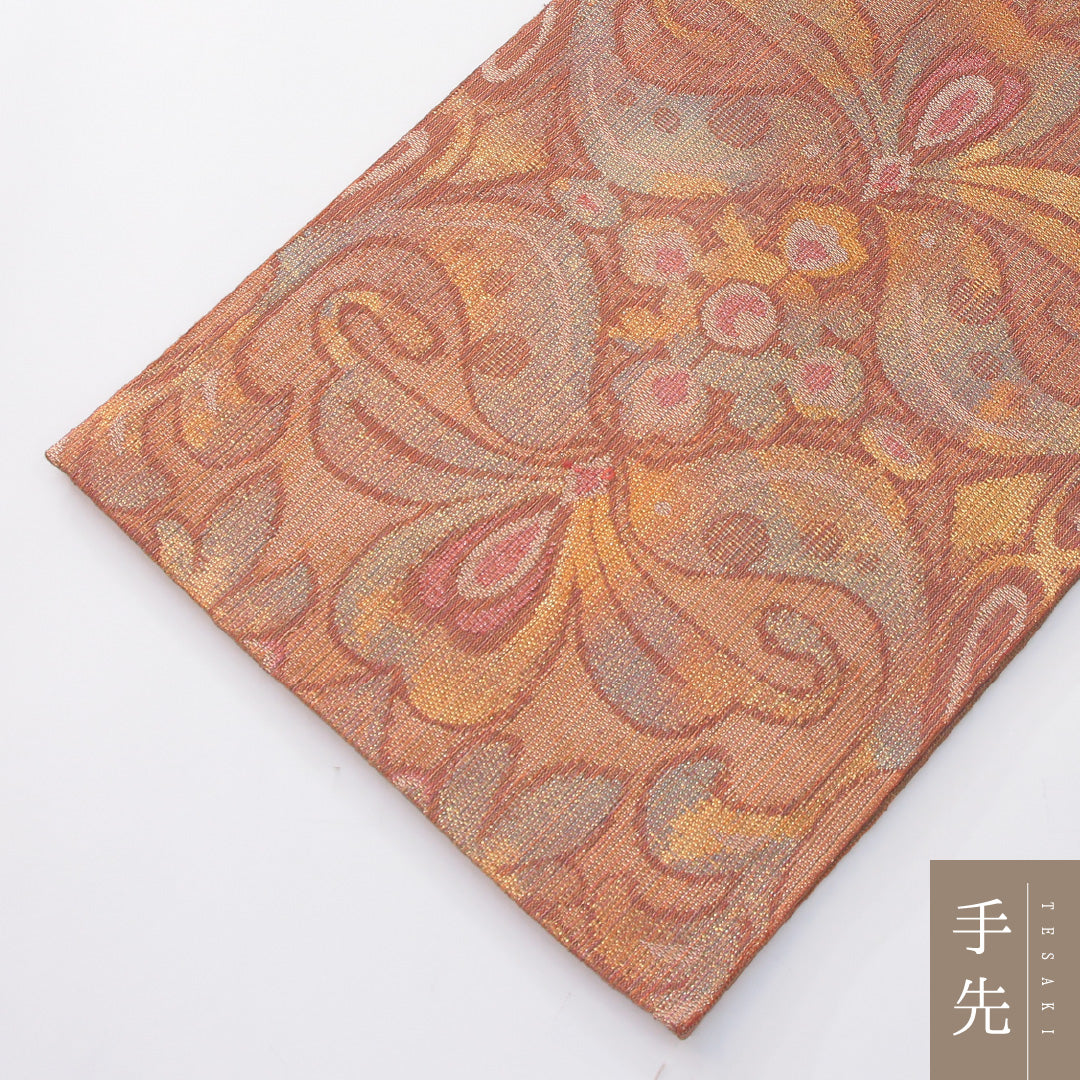 袋帯(紬) 帯丈432cm 正絹 六通 カジュアル ペルシャ文様 朱系 1243-02271