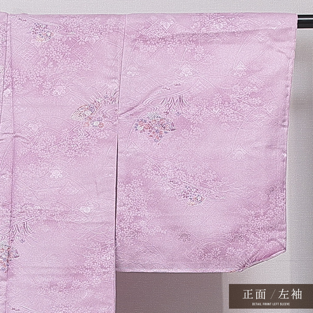 新古品 小紋 洗える着物 袷 身丈158cm 裄丈65cm ポリエステル Nランク Mサイズ 広衿 インフォーマル 吉祥文様 菊 紫系 1215-15788