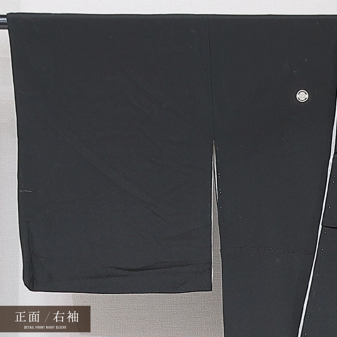 黒留袖 袷 身丈167cm 裄丈66cm 五つ紋 丸に木瓜 フォーマル Cランク XLサイズ 正絹 比翼仕立て 広衿 唐草華文 1211-F0694