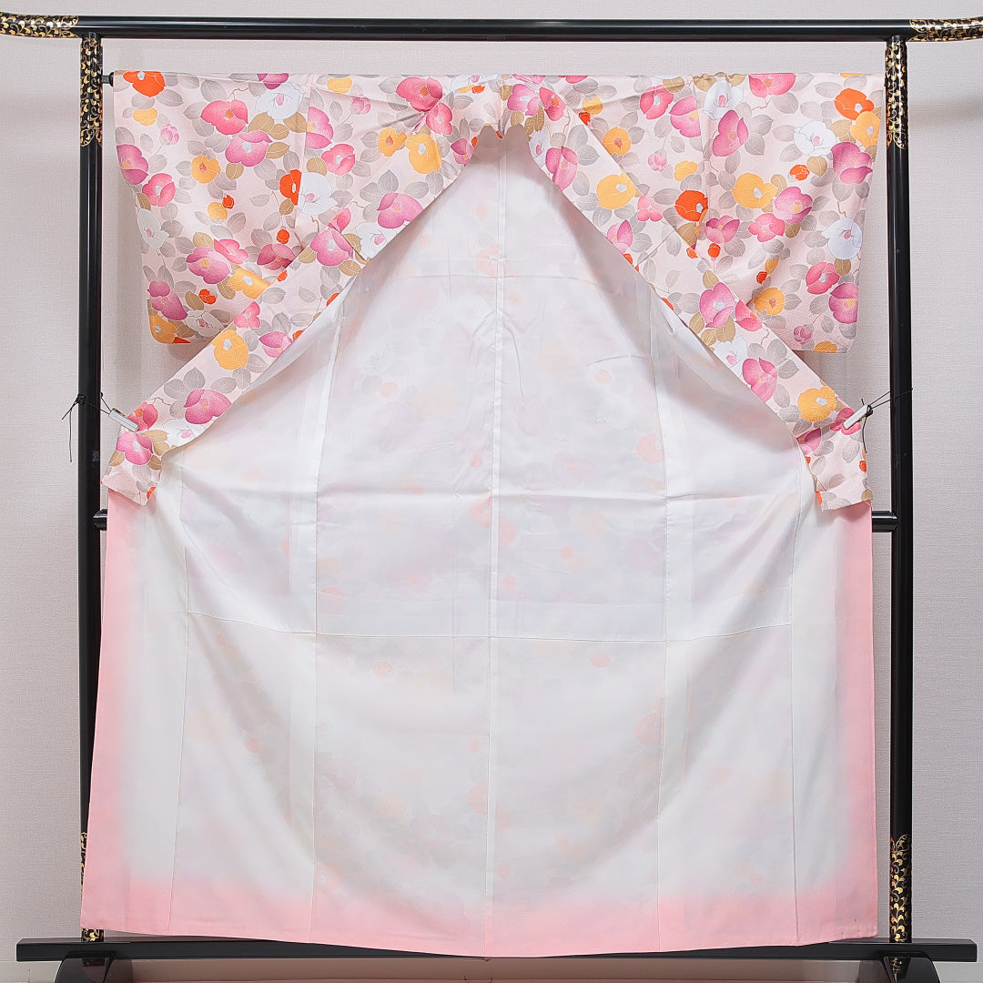 洗える着物 小紋 袷 身丈162cm 裄丈66cm ポリエステル Aランク インフォーマル 広衿 Lサイズ 椿 ピンク系 RP 1221-16402