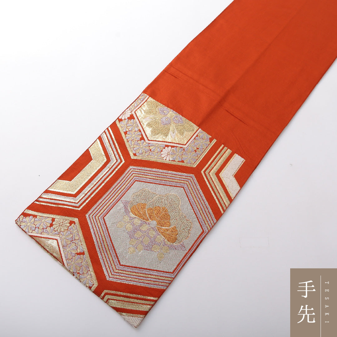 アンティーク 袋帯 帯丈412cm 六通 Aランク 正絹 家紋柄 亀甲 朱系 1223-02075
