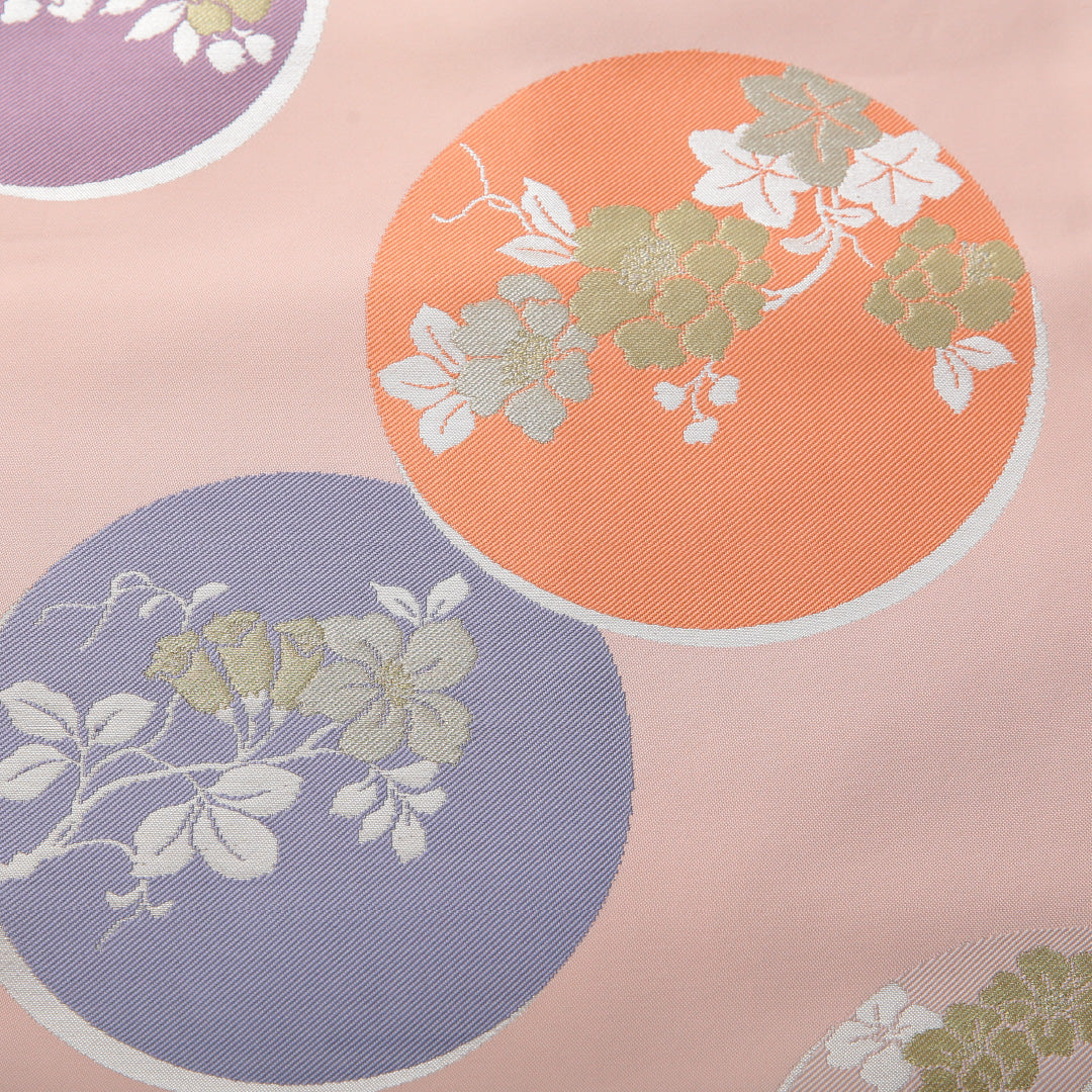 九寸名古屋帯 帯丈365cm インフォーマル 名古屋仕立て 六通 Aランク 正絹 丸文 椿 ピンク系 1224-03490