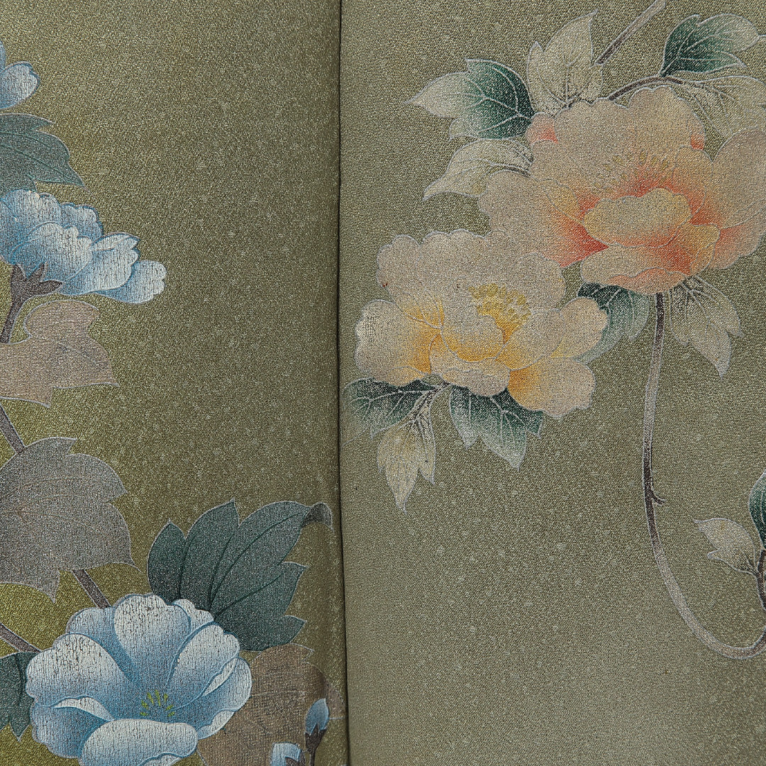 訪問着 袷 身丈161cm 裄丈67cm 正絹 Cランク Lサイズ 広衿 セミフォーマル 牡丹 緑系 1212-15660