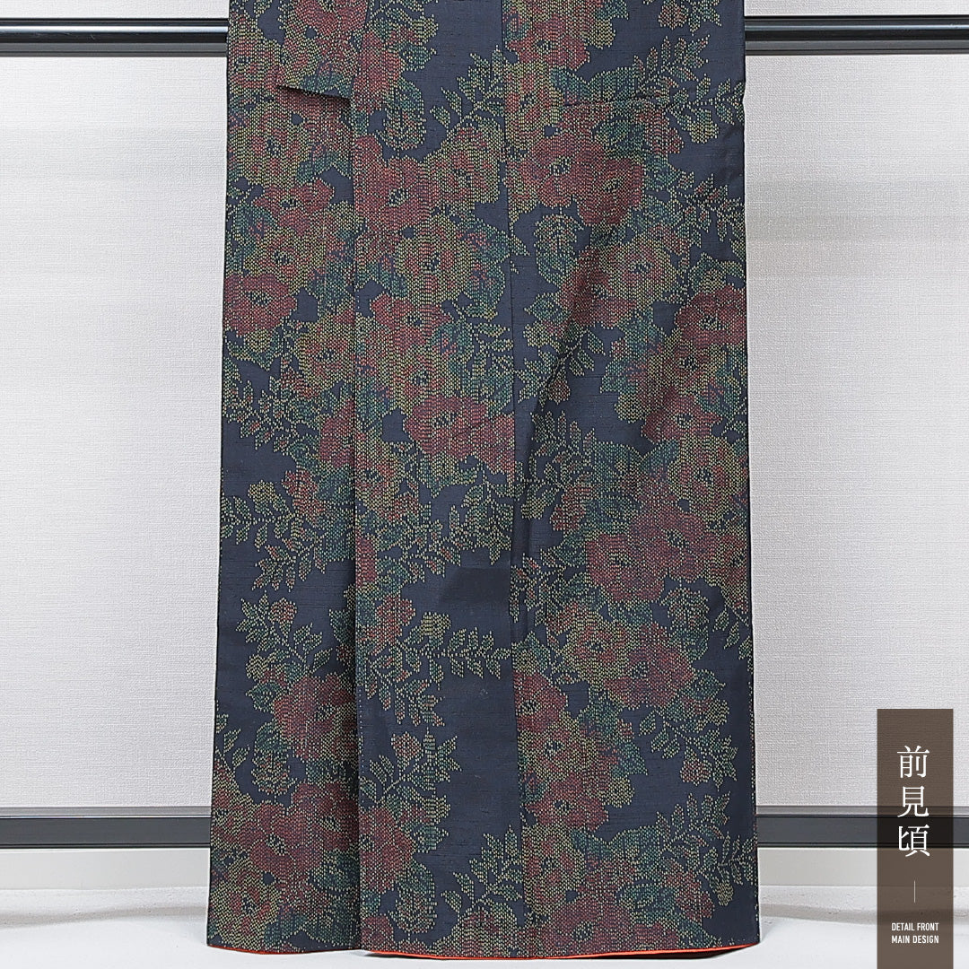 紬 袷 身丈162cm 裄丈63cm 正絹 Sランク カジュアル バチ衿 Lサイズ 椿 紺系 RP 1223-15152