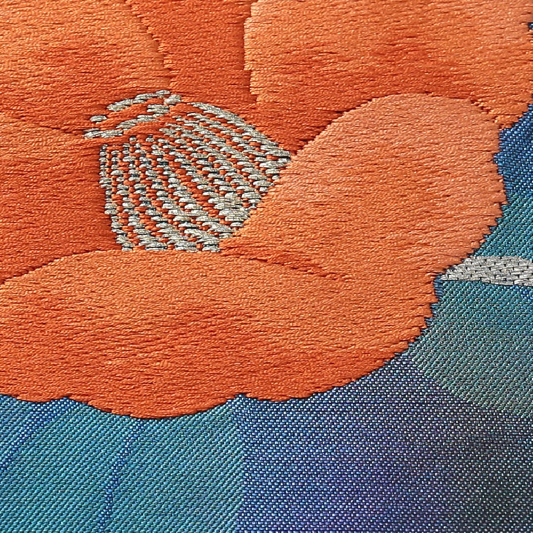 未使用品 九寸名古屋帯 帯丈361cm インフォーマル 名古屋仕立て ポイント柄 Sランク 正絹 綴れ織 椿 紺系 青系 1224-03818