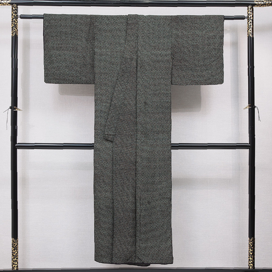 アンティーク 小紋 袷 身丈148cm 裄丈60cm 正絹 Cランク XSサイズ バチ衿 創作柄 緑系 1215-15684