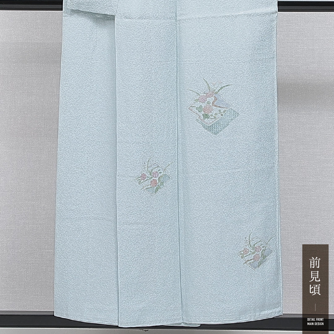 付下げ 袷 身丈150cm 裄丈62cm 正絹 Sランク 一つ紋 セミフォーマル 広衿 Sサイズ 刺繍 汕頭刺繍 松皮菱 花柄 水色系 M4 1218-15911