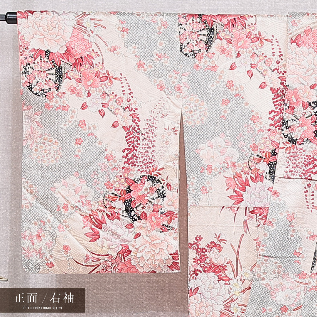 小紋 袷 身丈166cm 裄丈66cm 正絹 Cランク XLサイズ 広衿 インフォーマル 牡丹 ピンク系 1215-15647