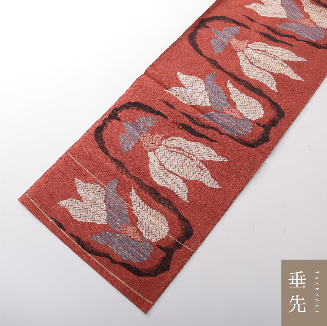 八寸名古屋帯(紬) 帯丈348cm カジュアル 松葉仕立て 六通 Cランク 正絹 花柄 赤系 朱系 1224-03820