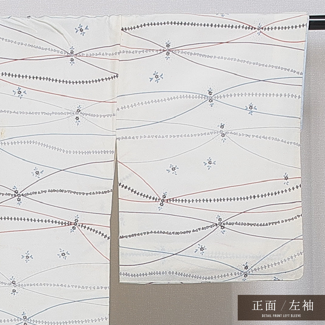 小紋 洗える着物 袷 身丈155cm 裄丈67cm ポリエステル Cランク Mサイズ 広衿 インフォーマル 花柄 クリーム系 1215-16095