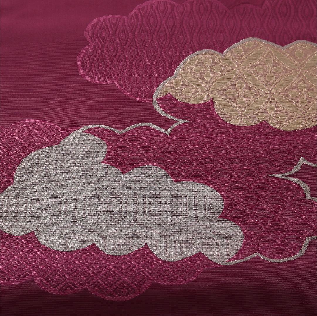 八寸名古屋帯 帯丈355cm セミフォーマル 松葉仕立て ポイント柄 Aランク 正絹 吉祥文様 雲取り 紫系 赤系 1224-03834