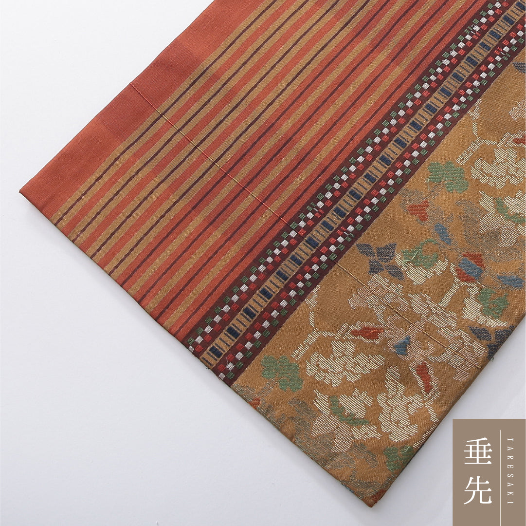 九寸名古屋帯 帯丈350cm インフォーマル 開き仕立て 六通 Aランク 正絹 花柄 縞 多色系 1224-03904