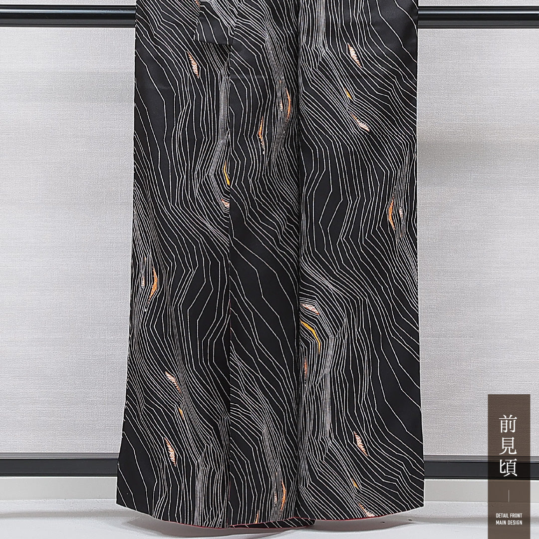 小紋 洗える着物 袷 身丈158cm 裄丈63cm ポリエステル Aランク Mサイズ バチ衿 インフォーマル 創作柄 黒系 1215-15803