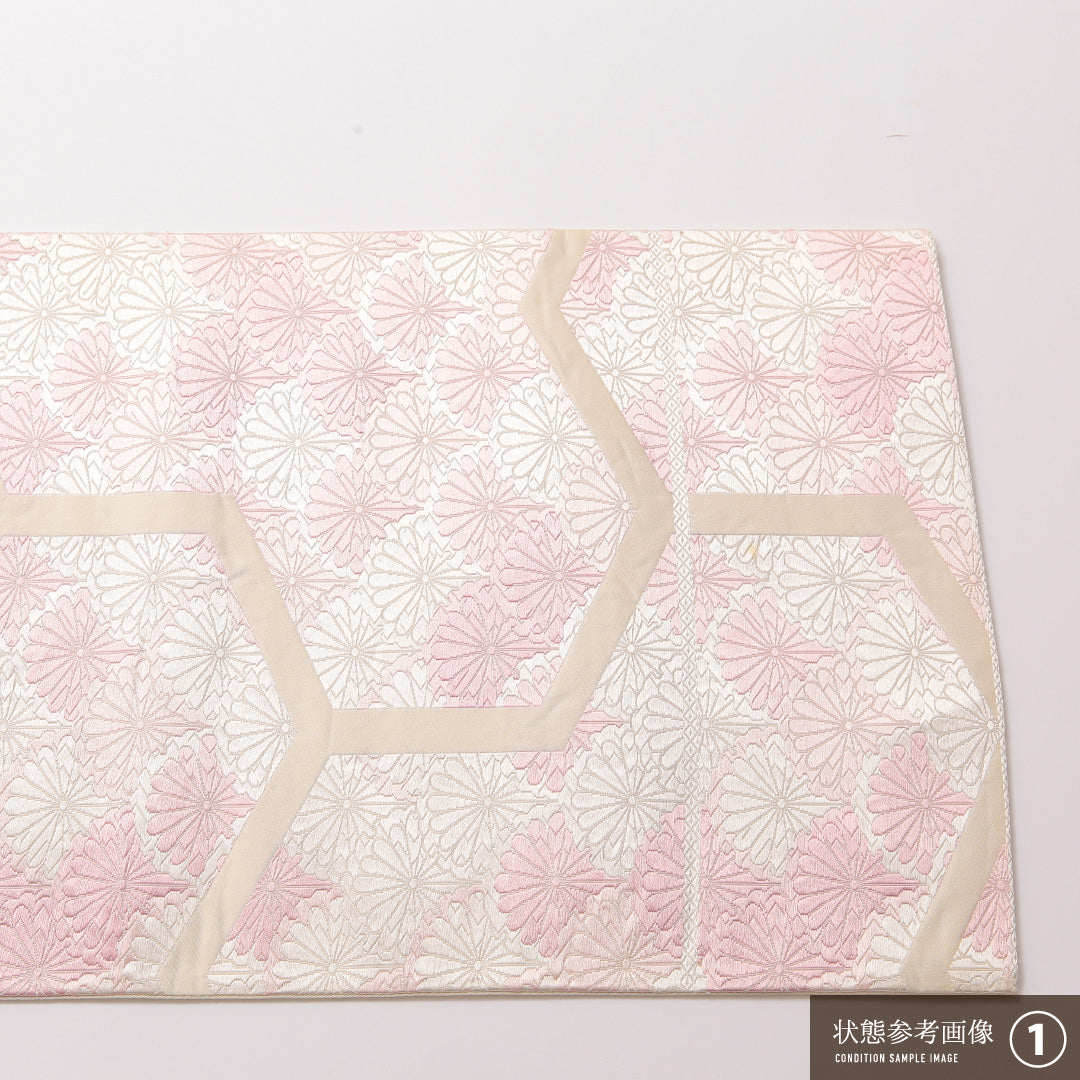 袋帯 帯丈430cm 正絹 六通 セミフォーマル 青海波 菊 白系 ピンク系 1243-01869
