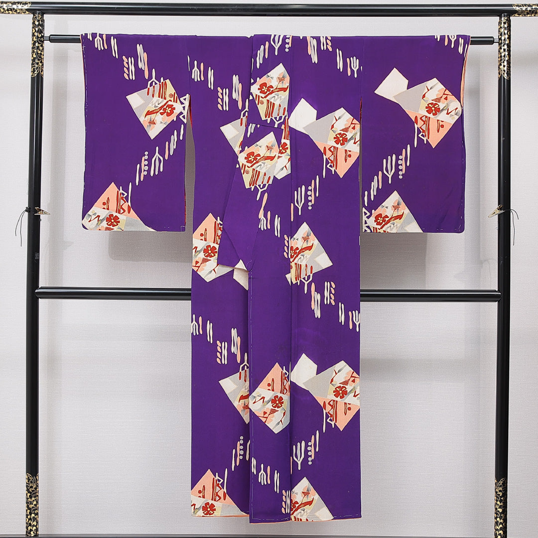 アンティーク 小紋 袷 身丈145cm 裄丈64cm 正絹 Bランク XSサイズ 広衿 創作柄 金彩 紫系 1215-15606