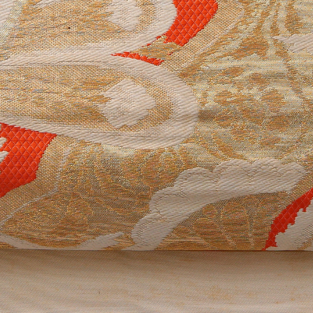 アンティーク 袋帯 帯丈412cm 六通 未仕立て 帯芯なし Cランク 正絹 植物柄 金系 1223-01991