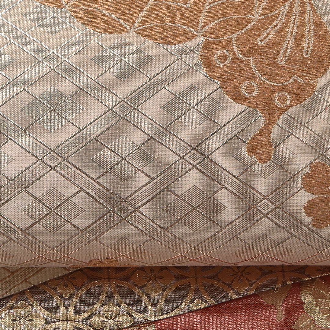 袋帯 帯丈448cm フォーマル 創作 リバーシブル Sランク 正絹 蝶 菱 クリーム系 金系 1223-01898