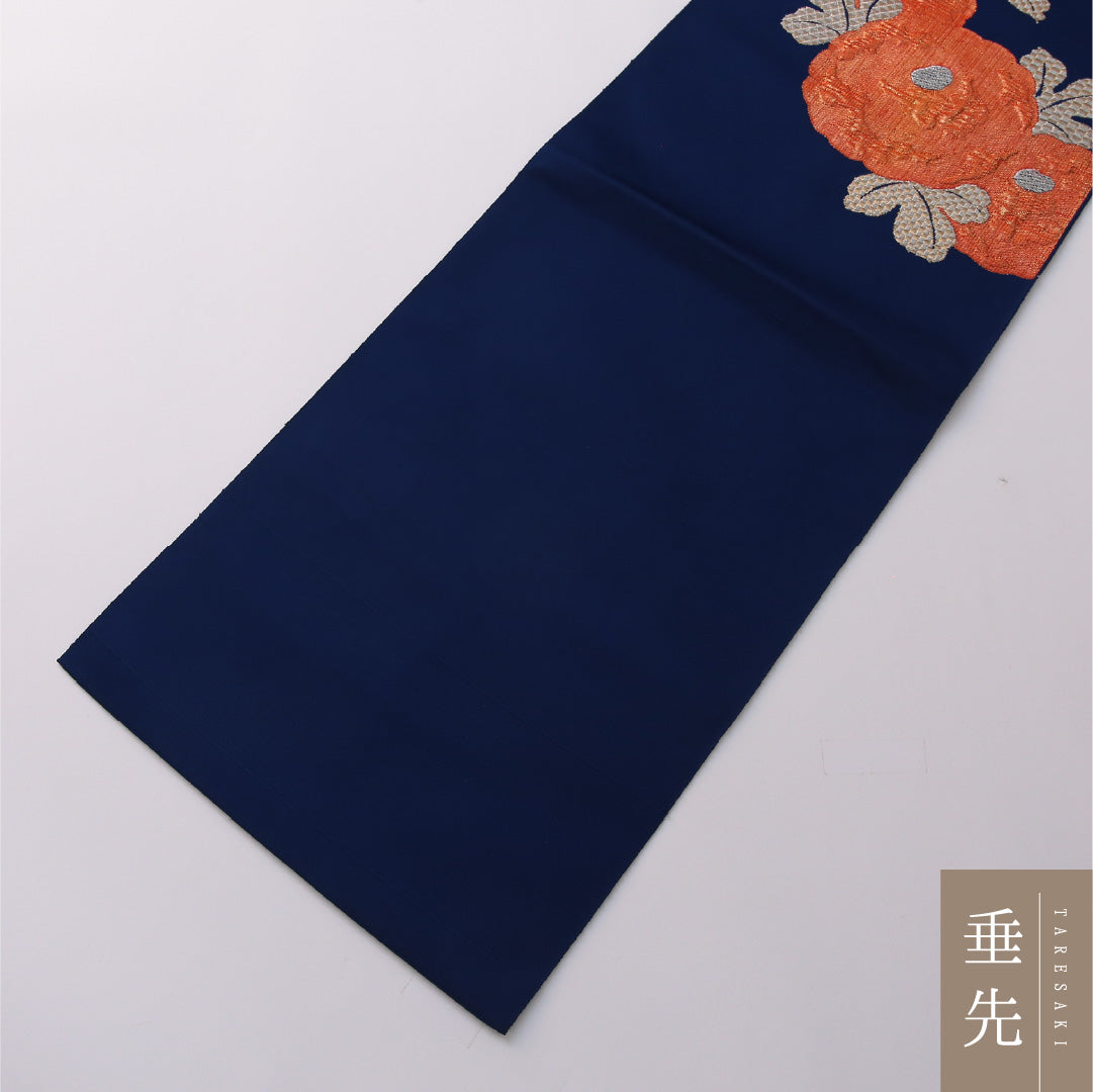 八寸名古屋帯 帯丈354cm いづくら帯 カジュアル 松葉仕立て ポイント柄 Sランク 正絹 ふくれ織 菊 青系 1224-03239