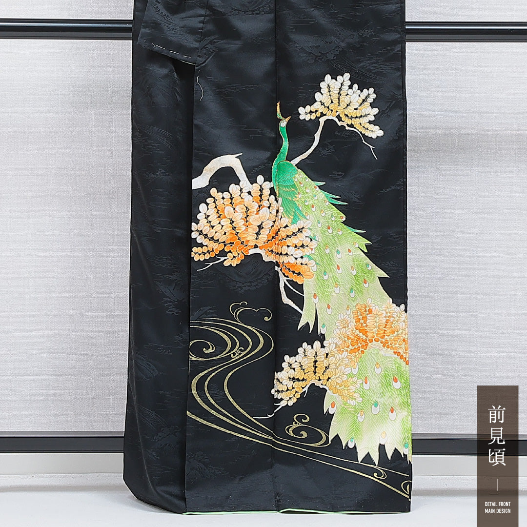訪問着 洗える着物 袷 身丈164cm 裄丈63cm ポリエステル Sランク Lサイズ バチ衿 セミフォーマル 孔雀 金駒刺繍 黒系 1212-16287