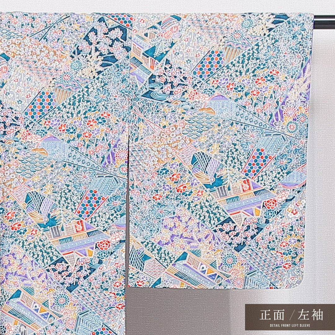 洗える着物 小紋 袷 身丈161cm 裄丈64cm ポリエステル Sランク インフォーマル 広衿 Lサイズ 吉祥文様 青系 RP 1221-16437