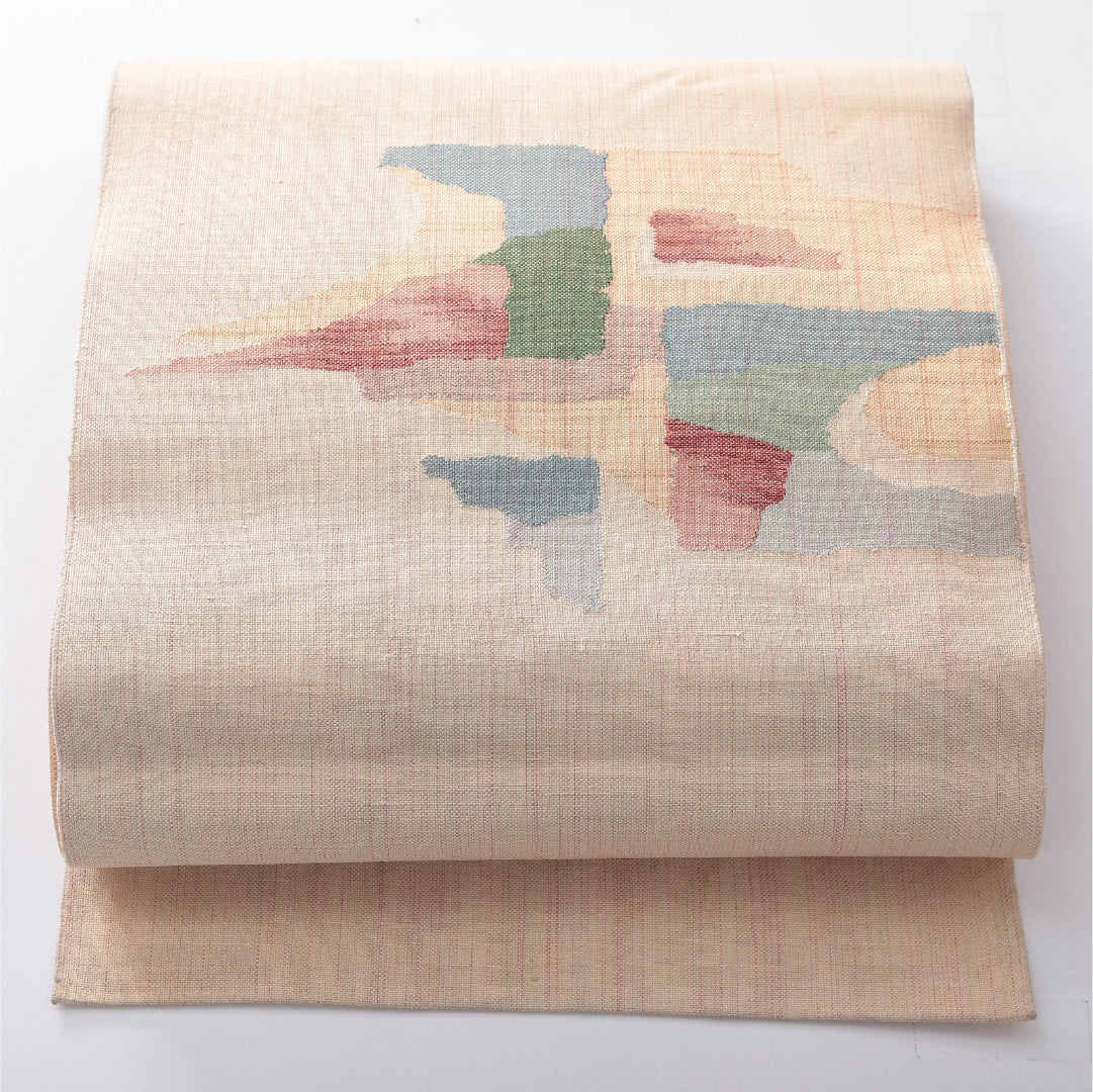 八寸名古屋帯(紬) 帯丈350cm カジュアル 松葉仕立て ポイント柄 Cランク 正絹 抽象柄 クリーム系 1224-03925