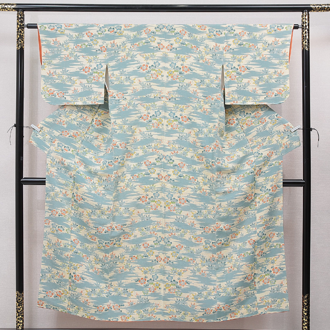 小紋 袷 身丈150cm 裄丈61cm 正絹 Sランク インフォーマル 広衿 Sサイズ 梅 紅葉 クリーム系 RP 1221-15518