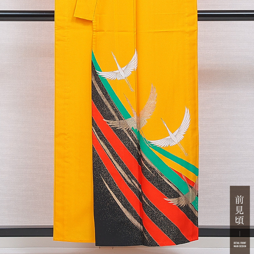 訪問着 洗える着物 単衣 身丈155cm 裄丈62cm ポリエステル Bランク Mサイズ バチ衿 セミフォーマル 鶴 黄系 1212-16336